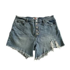 Y2K Distressed Denim Shorts Arula Button Fly Raw Hem Dreamscape Wash 14